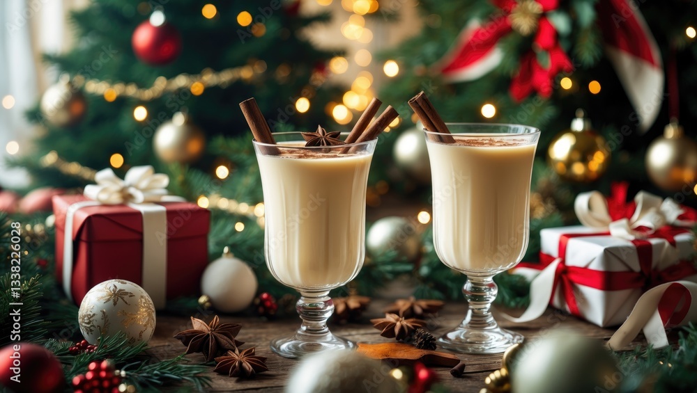 Christmas beverage featuring cinnamon sticks and anise stars, two glasses of sweet traditional eggnog cocktail on a festively decorated backdrop with fir tree and ornaments. Christmas beverage featuring cinnamon sticks and anise stars, two glasses of sweet traditional eggnog cocktail on a festively decorated backdrop with fir tree and ornaments.