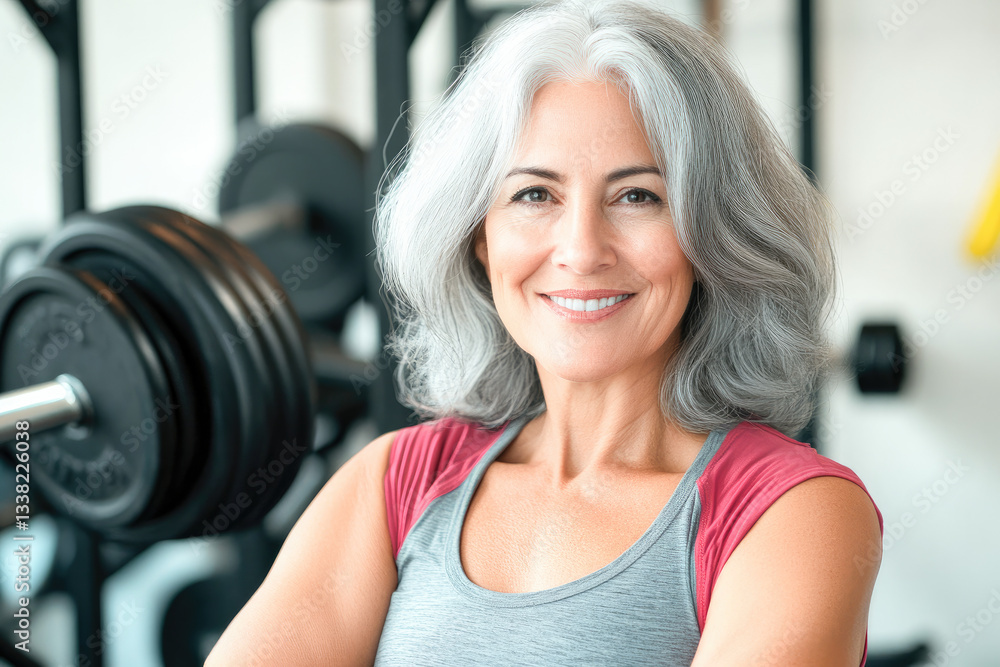 Obraz premium Confident senior woman in gym staying fit and active with strength training, promoting healthy aging, wellness, and motivation. 