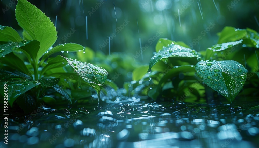 A lush green forest with rain pouring down on the leaves A lush green forest with rain pouring down on the leaves