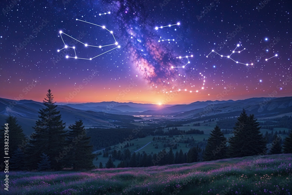 Fototapeta premium Enchanted Twilight Horizon with Celestial Constellations and Vibrant Stars in a Stunning Night Landscape