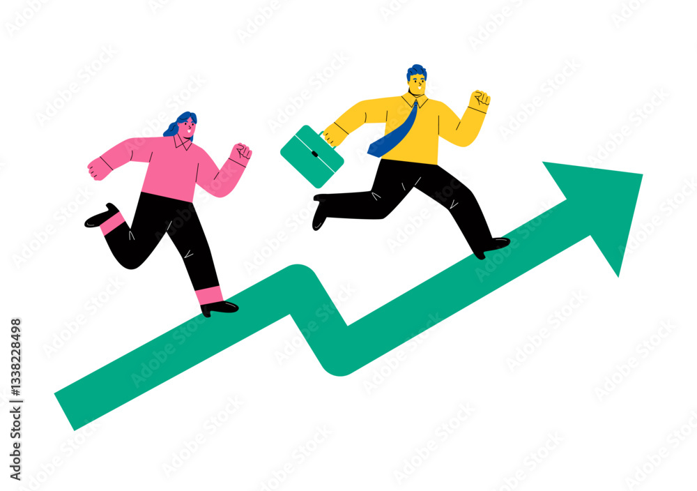 Business man and business woman running on arrows graph of progress. Success concept. Flat vector illustration isolated on white background Business man and business woman running on arrows graph of progress. Success concept. Flat vector illustration isolated on white background