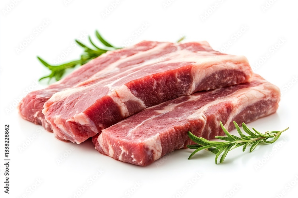 Fresh pork steaks with rosemary on white background Fresh pork steaks with rosemary on white background