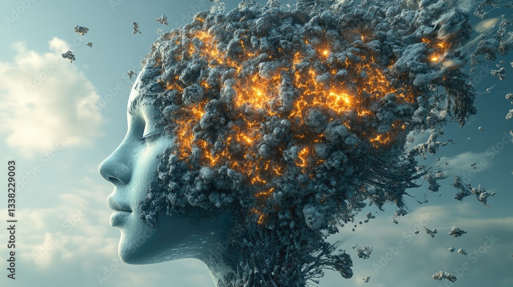 Surreal depiction of a woman's face transforming into a fiery cloud Surreal depiction of a woman's face transforming into a fiery cloud