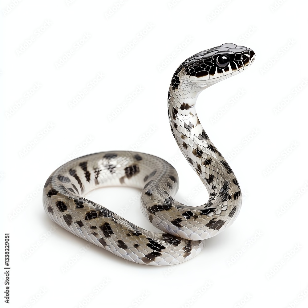 Obraz premium Close-up of a unique patterned snake, displaying intricate scales and a striking appearance, isolated on a white background.