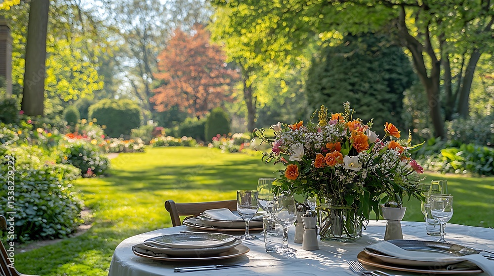 Fototapeta premium Elegant Outdoor Garden Dining Table Setting