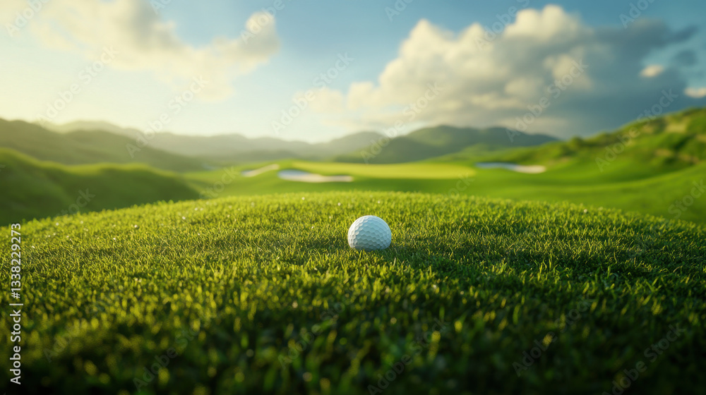 golf ball resting on lush green fairway, surrounded by rolling hills and beautiful sky, evokes sense of tranquility and focus in game of golf golf ball resting on lush green fairway, surrounded by rolling hills and beautiful sky, evokes sense of tranquility and focus in game of golf