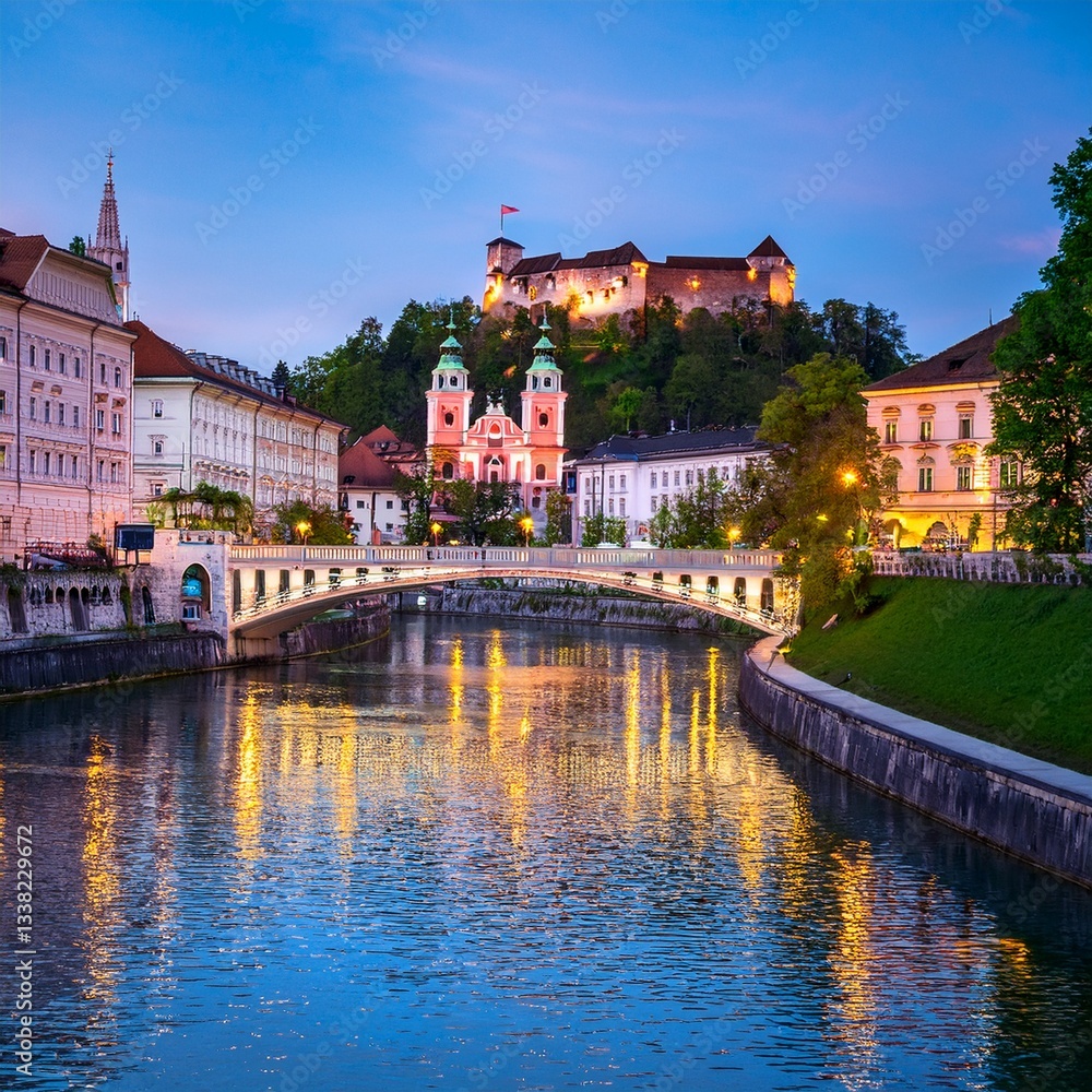A stunning evening view of Ljubljana with its riverfront, Triple Bridge, and the illuminated Ljubljana Castle. A stunning evening view of Ljubljana with its riverfront, Triple Bridge, and the illuminated Ljubljana Castle.