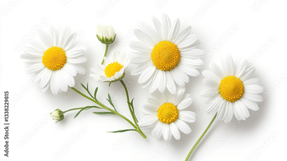 Obraz premium Fresh chamomile flowers arranged together, showcasing their vibrant yellow centers and delicate white petals, evoke sense of tranquility and natural beauty