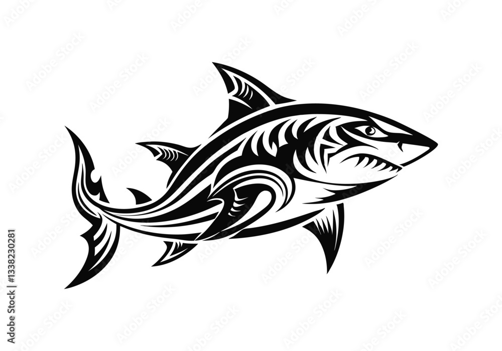 Obraz premium Tribal Shark Tattoo – Black and White Vector Illustration with Bold Tribal Elements