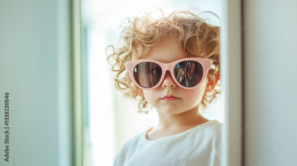 ピンク色の大人用の大きなサングラスをかけて鏡をみてポーズを決めている金髪の五歳の子供、テキストスペース多め