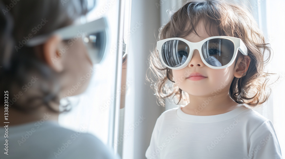 大人用の大きなサングラスをかけて鏡をみてポーズを決めている金髪の五歳の子供、テキストスペース多め