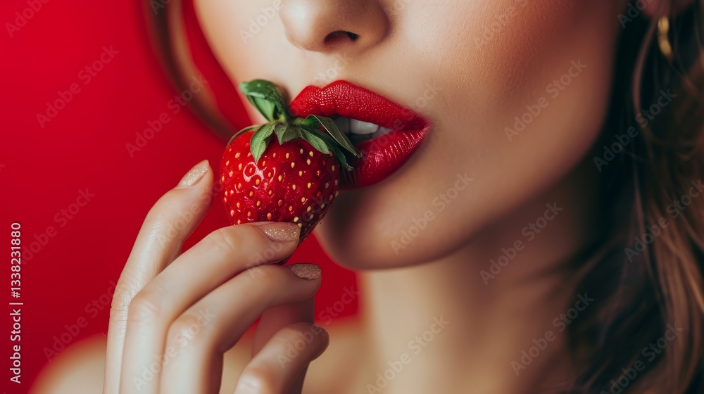 Seductive woman with red lips eating strawberry, close up of woman's mouth eating strawberry. Seductive woman with red lips eating strawberry, close up of woman's mouth eating strawberry.