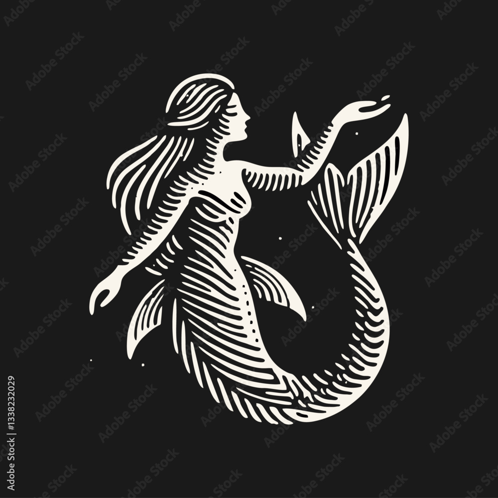 Obraz premium mermaid Engrave vector logo icon design illustration