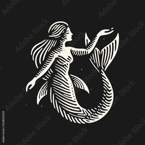 mermaid Engrave vector logo icon design illustration