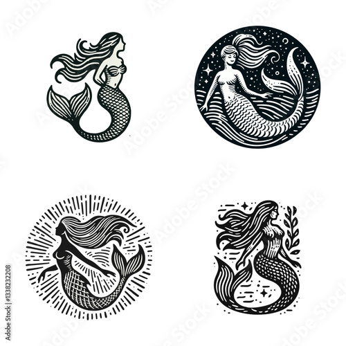 mermaid Engrave vector logo icon design illustration