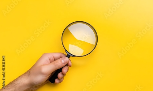  Hand holding magnifying glass on isolated yellow background