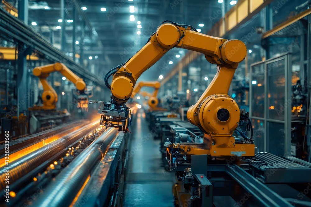 Fototapeta premium Robotic arms working on assembly line in modern factory