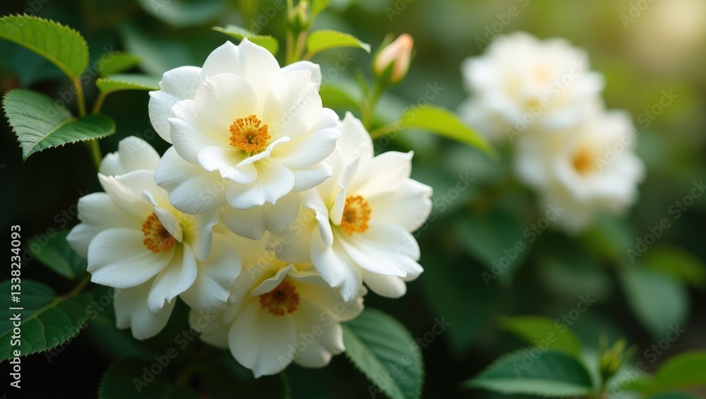 White climbing Hybrid Multiflora rose flowers in a garden White climbing Hybrid Multiflora rose flowers in a garden