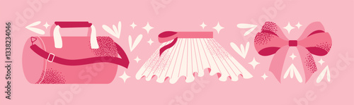 Ballet set dress, tutus, ballet shoes, violin, crown, and dance accessories isolated on a pink background. Flat vector illustration. Ballet and dance performance concept