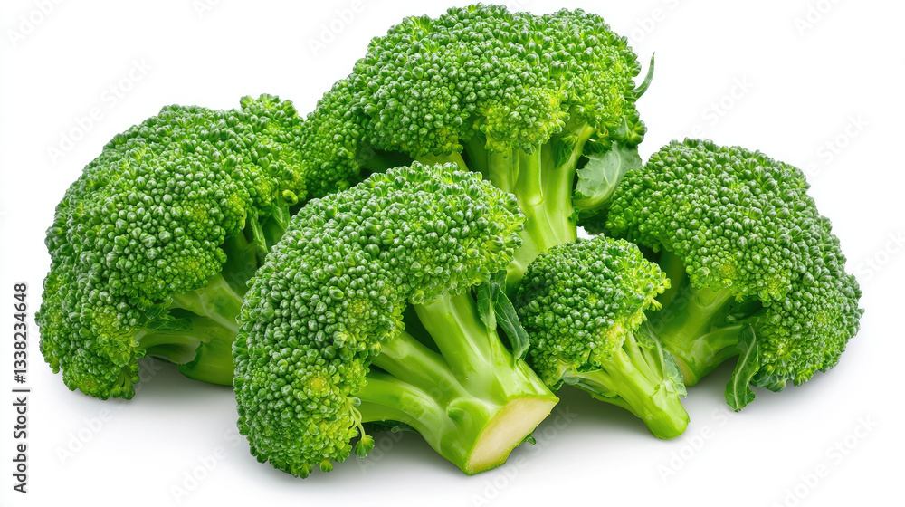 Fresh green broccoli clusters displayed against a white background, emphasizing their vibrant color and healthy appeal. Fresh green broccoli clusters displayed against a white background, emphasizing their vibrant color and healthy appeal.