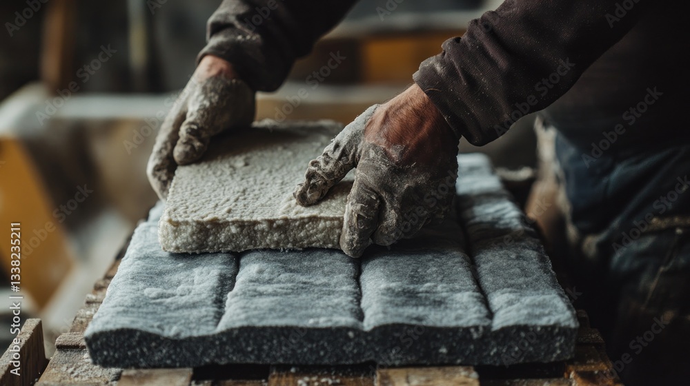 Hands placing stone slab on fabric base. Hands placing stone slab on fabric base.