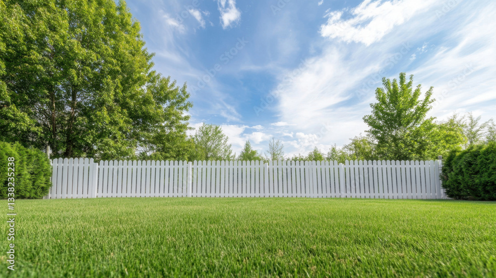 Fototapeta premium serene backyard with white fence, lush green grass, and vibrant trees under bright blue sky creates peaceful outdoor space