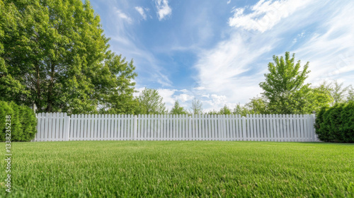 Fototapeta Naklejka Na Ścianę i Meble -  serene backyard with white fence, lush green grass, and vibrant trees under bright blue sky creates peaceful outdoor space