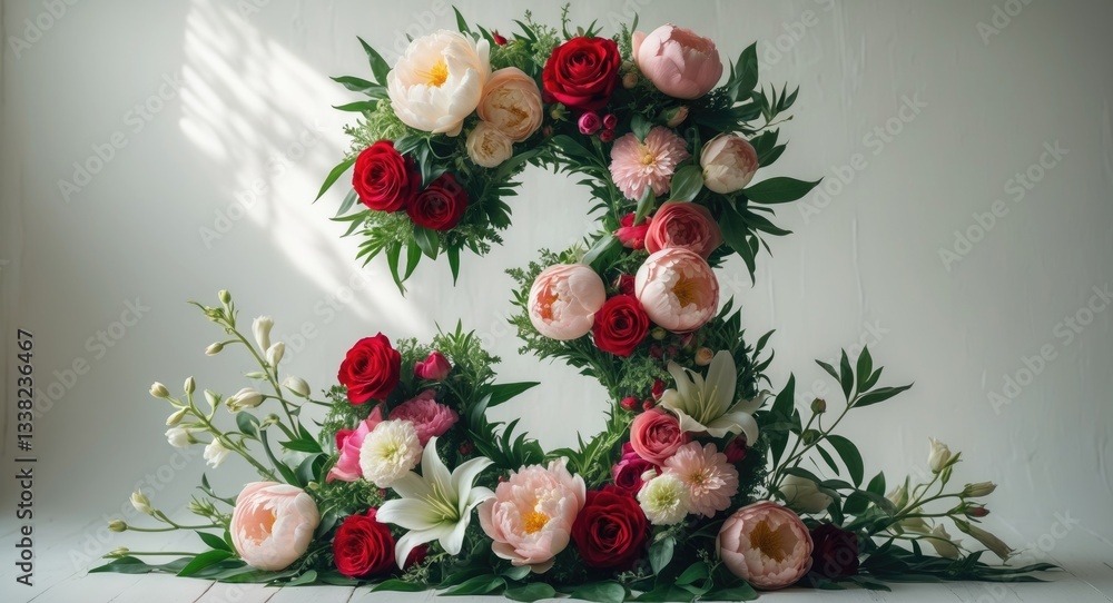 Number 3 composed of real natural flowers and leaves. Flower font idea. Distinct collection of letters and numbers. Number 3 composed of real natural flowers and leaves. Flower font idea. Distinct collection of letters and numbers.