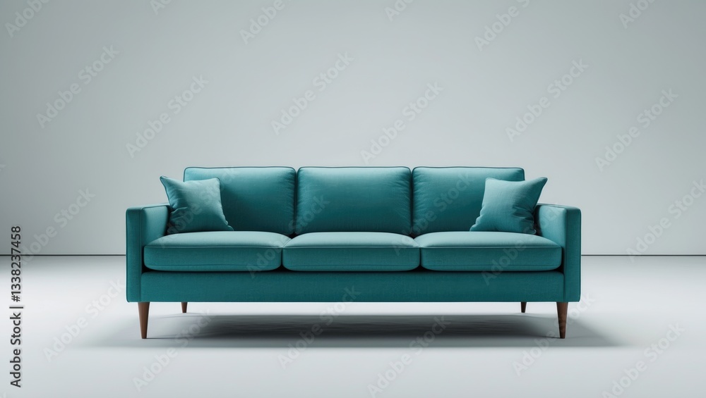 soft blue triple seat sofa sits on white isolated background, comfortable fabric couch is alone against a white wall soft blue triple seat sofa sits on white isolated background, comfortable fabric couch is alone against a white wall