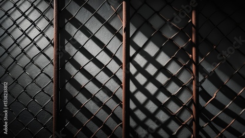 Wire mesh of a cage featuring light and shadow, black and white aesthetic.