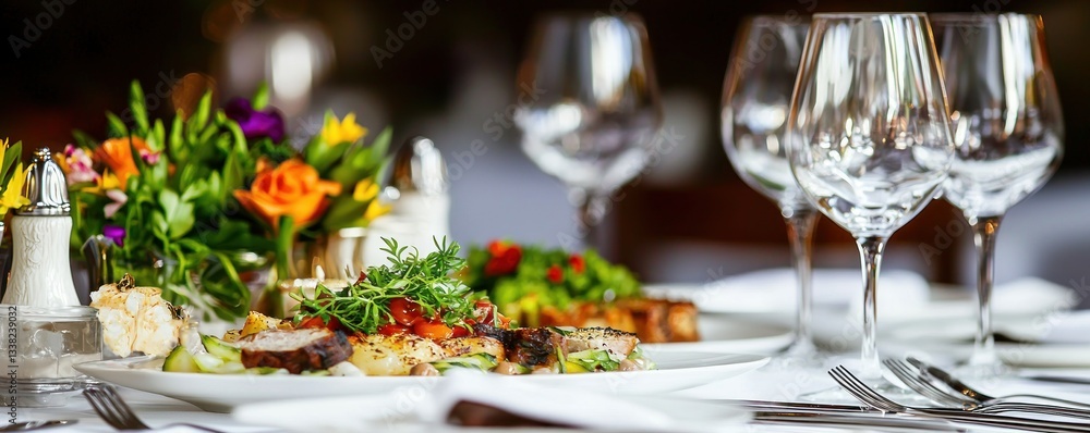 Gourmet culinary masterpiece served at a fancy dinner setting with vibrant flowers and elegant stemware Gourmet culinary masterpiece served at a fancy dinner setting with vibrant flowers and elegant stemware