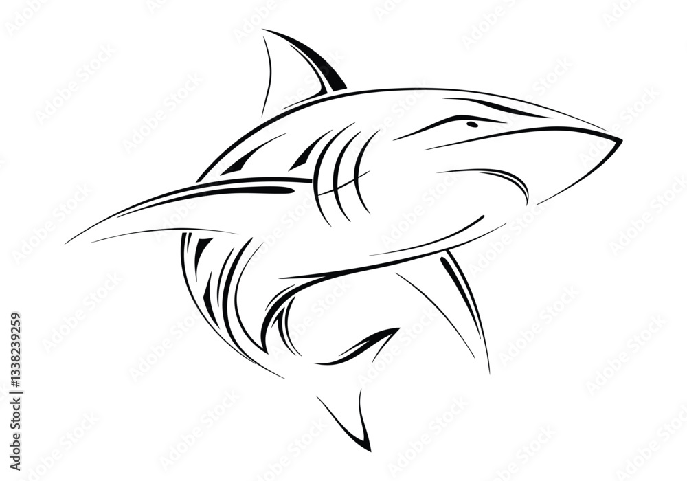 Obraz premium Tribal Shark Tattoo – Black and White Vector Illustration with Bold Tribal Elements
