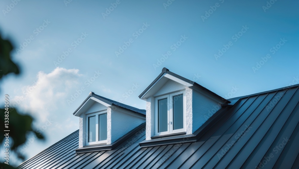 Two windows atop a roof with a background of blue sky. The roof features a metal design and has a slanted structure. Two windows atop a roof with a background of blue sky. The roof features a metal design and has a slanted structure.