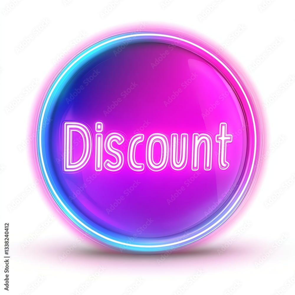 Vibrant discount button with neon effects on a white isolated background. Vibrant discount button with neon effects on a white isolated background.