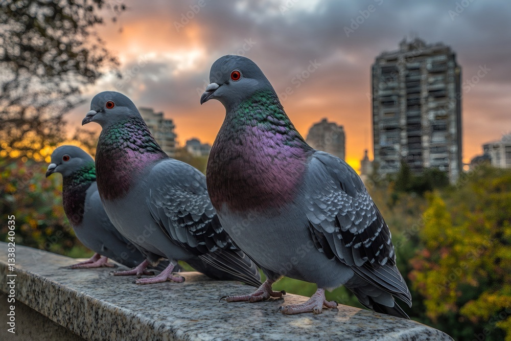 Fototapeta premium Pigeons standing on ledge at sunset with city in background