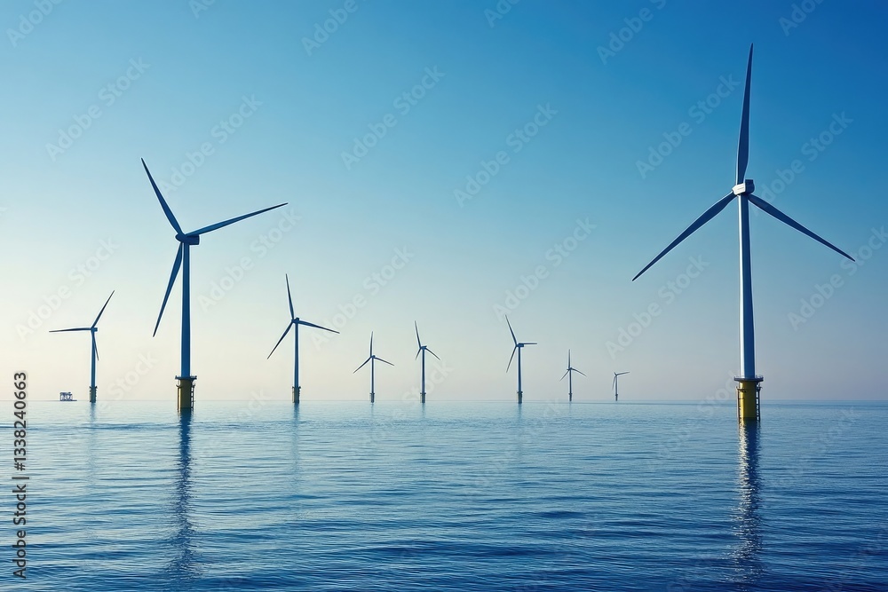 Wind turbines standing in the ocean under a blue sky Wind turbines standing in the ocean under a blue sky