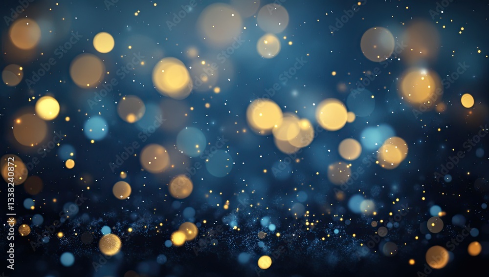 Dark blue background with golden bokeh lights, glowing stars, and glitter particles Dark blue background with golden bokeh lights, glowing stars, and glitter particles
