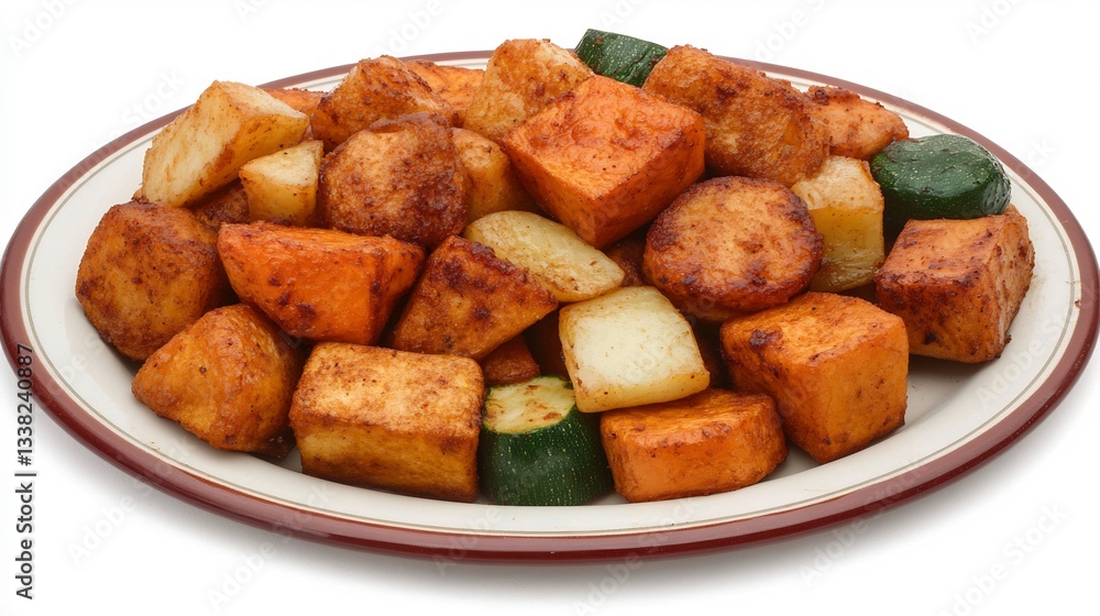 Roasted vegetables on a plate with potatoes, sweet potatoes, and zucchini, perfect for a healthy dinner Roasted vegetables on a plate with potatoes, sweet potatoes, and zucchini, perfect for a healthy dinner