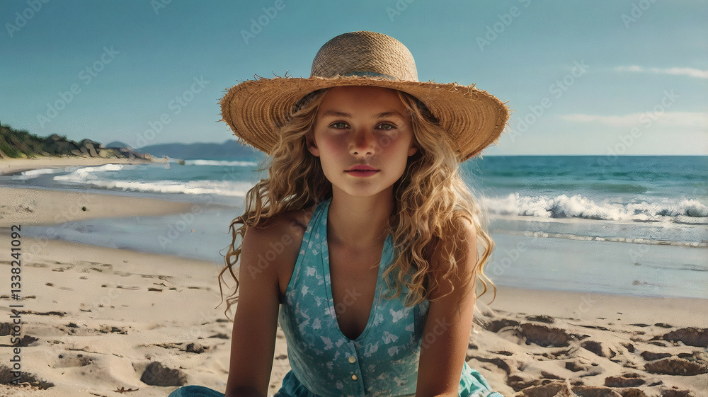 A woman on vacation, sitting in a swimsuit and a wide-brimmed straw hat on the beach on a sunny day and looking at the sea. A woman on vacation, sitting in a swimsuit and a wide-brimmed straw hat on the beach on a sunny day and looking at the sea.