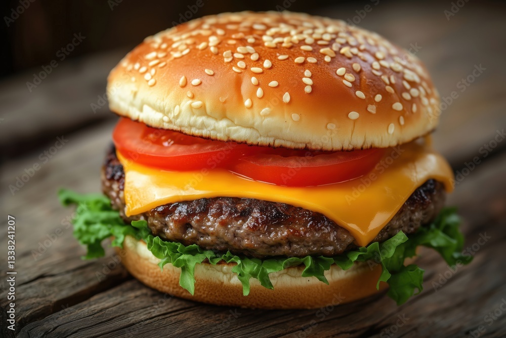 A close-up of a cheeseburger with lettuce, tomato, and melted cheese on a wooden table. A close-up of a cheeseburger with lettuce, tomato, and melted cheese on a wooden table.