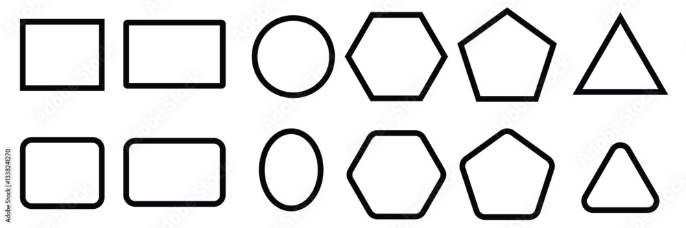 Geometric shapes outlined set. Sharp and rounded corner shaped icons frame vector illustration. Geometric shapes outlined set. Sharp and rounded corner shaped icons frame vector illustration.