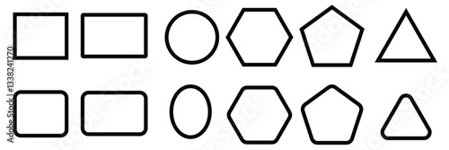 Geometric shapes outlined set. Sharp and rounded corner shaped icons frame vector illustration.