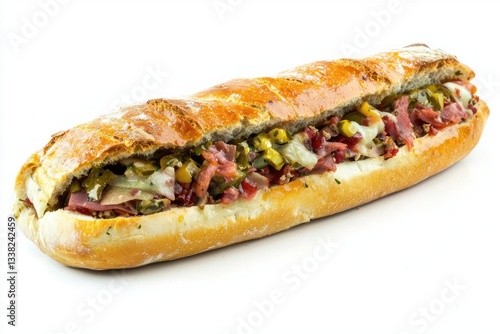 Delicious long baguette sandwich filled with meat and cheese on clean white surface tasty and tempting