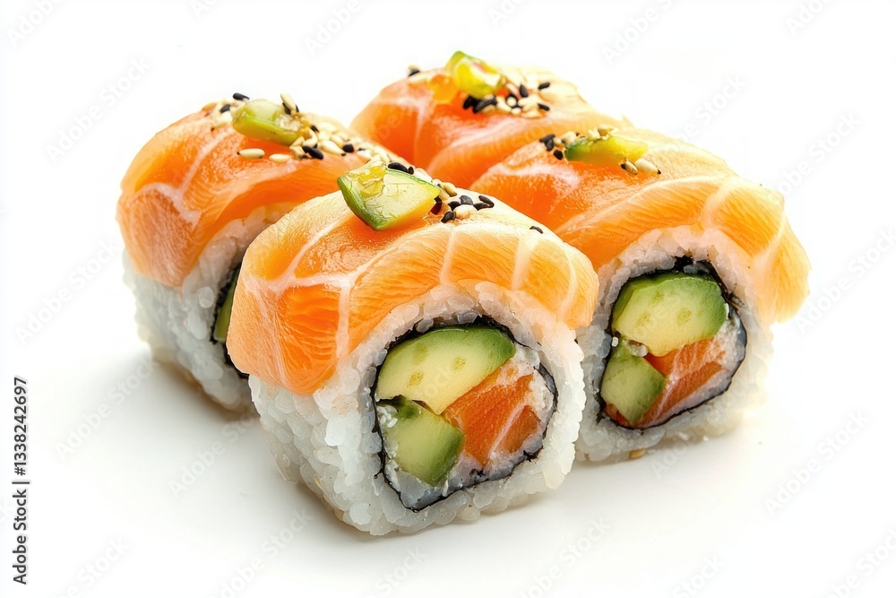 Salmon avocado sushi rolls with rice on clean white blackground showcasing culinary presentation Salmon avocado sushi rolls with rice on clean white blackground showcasing culinary presentation