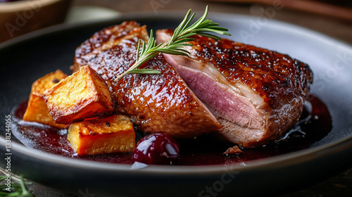 Perfectly crispy duck breast with rosemary and roasted potatoes in red wine sauce photo