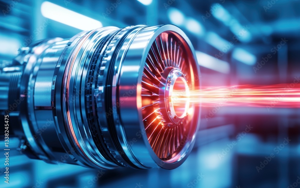 Obraz premium Futuristic space propulsion system, ultra-detailed components, glowing high-energy plasma core, cyberpunk industrial environment, ultra-HD rendering