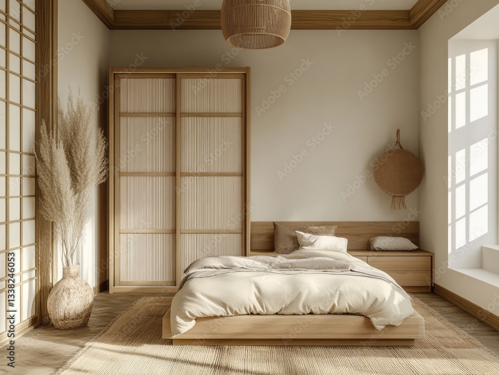 Fototapeta premium Interior depiction of a modern zen bedroom with natural light