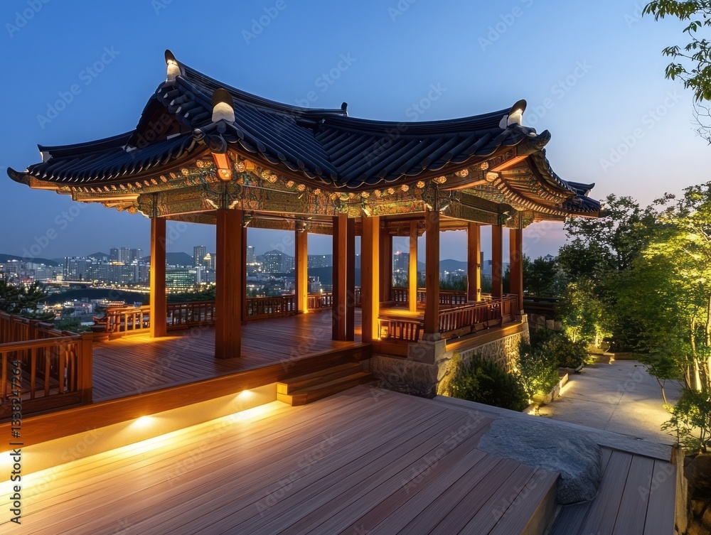 Fototapeta premium Traditional Asian pavilion overlooks a city skyline at dusk