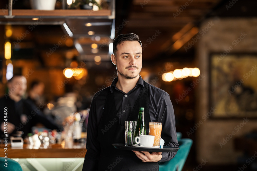 Young professional waiter holding tray with beverage at bar. Young professional waiter holding tray with beverage at bar.