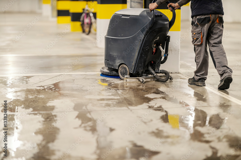Obraz premium Rear view of an unrecognizable worker cleaning garage floor with washing machine.